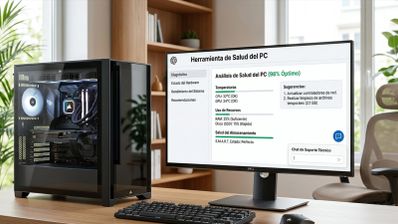 Monitor mostrando una interfaz de herramienta de salud del PC junto a una torre de ordenador gaming con panel de cristal templado en un escritorio.