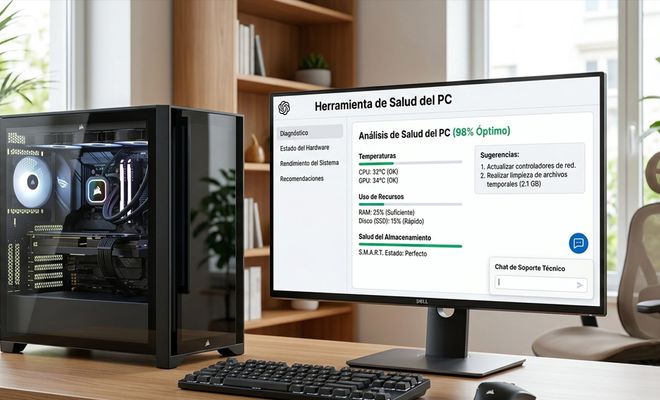 Monitor mostrando una interfaz de herramienta de salud del PC junto a una torre de ordenador gaming con panel de cristal templado en un escritorio.