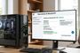 Monitor mostrando una interfaz de herramienta de salud del PC junto a una torre de ordenador gaming con panel de cristal templado en un escritorio.