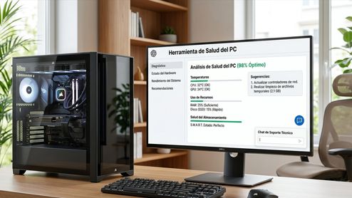 Monitor mostrando una interfaz de herramienta de salud del PC junto a una torre de ordenador gaming con panel de cristal templado en un escritorio.