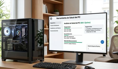 Monitor mostrando una interfaz de herramienta de salud del PC junto a una torre de ordenador gaming con panel de cristal templado en un escritorio.