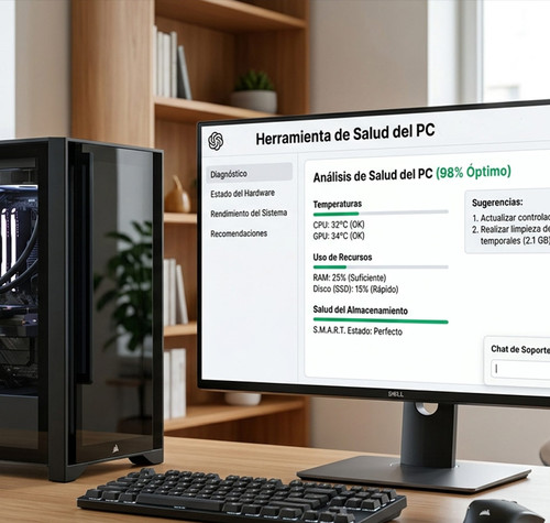 Monitor mostrando una interfaz de herramienta de salud del PC junto a una torre de ordenador gaming con panel de cristal templado en un escritorio.