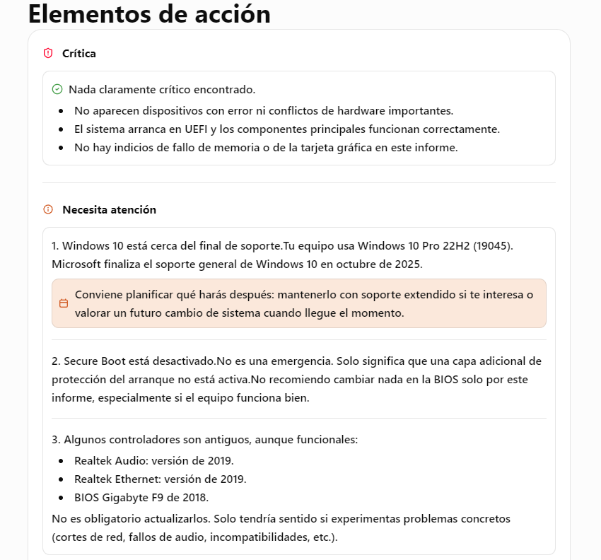 Panel de resumen de estado del sistema con secciones de elementos críticos resueltos y avisos sobre el fin de soporte de Windows 10 y controladores antiguos.