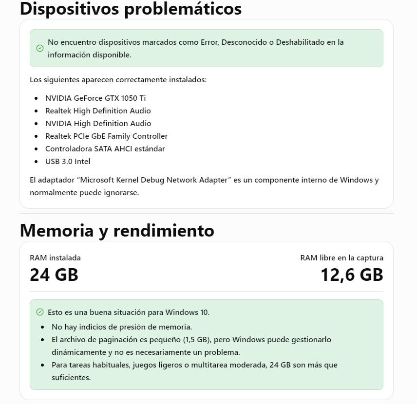 Captura de pantalla de un informe de diagnóstico que muestra el estado de los componentes de hardware y la gestión de la memoria RAM en Windows.