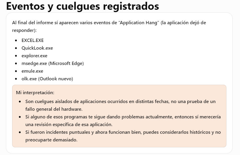 Interfaz de una aplicación mostrando un informe de eventos y cuelgues registrados con una lista de procesos como EXCEL.EXE y explorer.exe seguida de una interpretación técnica.