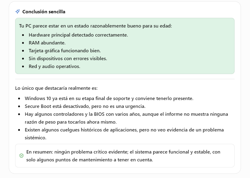 Captura de pantalla de un informe de diagnóstico generado por inteligencia artificial sobre el estado de salud de un ordenador bajo Windows.