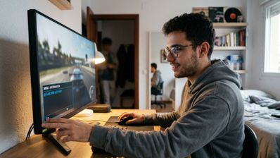Joven con gafas configurando un monitor gaming de pantalla ancha mientras juega a un simulador de conducción en su escritorio.