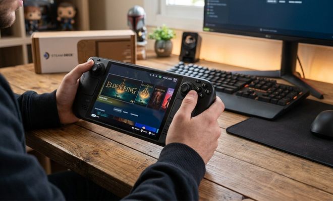 Primer plano de una persona sosteniendo la consola portátil Steam Deck frente a un escritorio de PC con la biblioteca de juegos abierta.