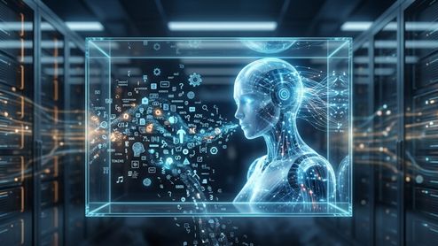 Representación conceptual de una inteligencia artificial procesando flujos de datos y símbolos digitales dentro de un entorno de centro de datos.