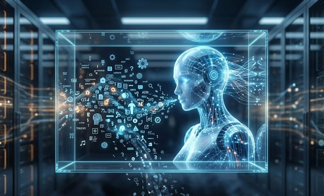 Representación conceptual de una inteligencia artificial procesando flujos de datos y símbolos digitales dentro de un entorno de centro de datos.