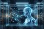 Representación conceptual de una inteligencia artificial procesando flujos de datos y símbolos digitales dentro de un entorno de centro de datos.