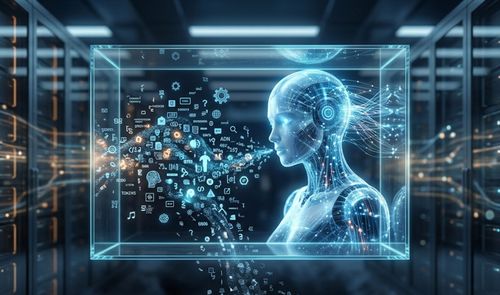 Representación conceptual de una inteligencia artificial procesando flujos de datos y símbolos digitales dentro de un entorno de centro de datos.