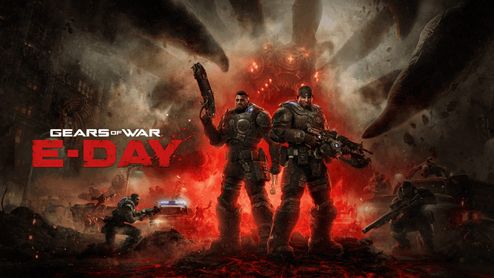 Marcus Fenix y Dominic Santiago frente a una explosión de fuego y una criatura de grandes garras en Gears of War: E-Day.