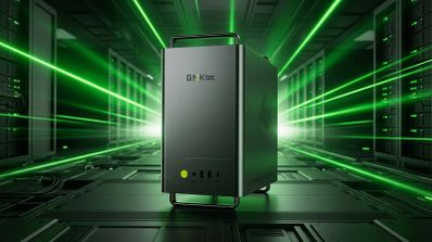 Mini PC GMKtec Neo X1 de color gris oscuro en un entorno de centro de datos con efectos de luces láser verdes.