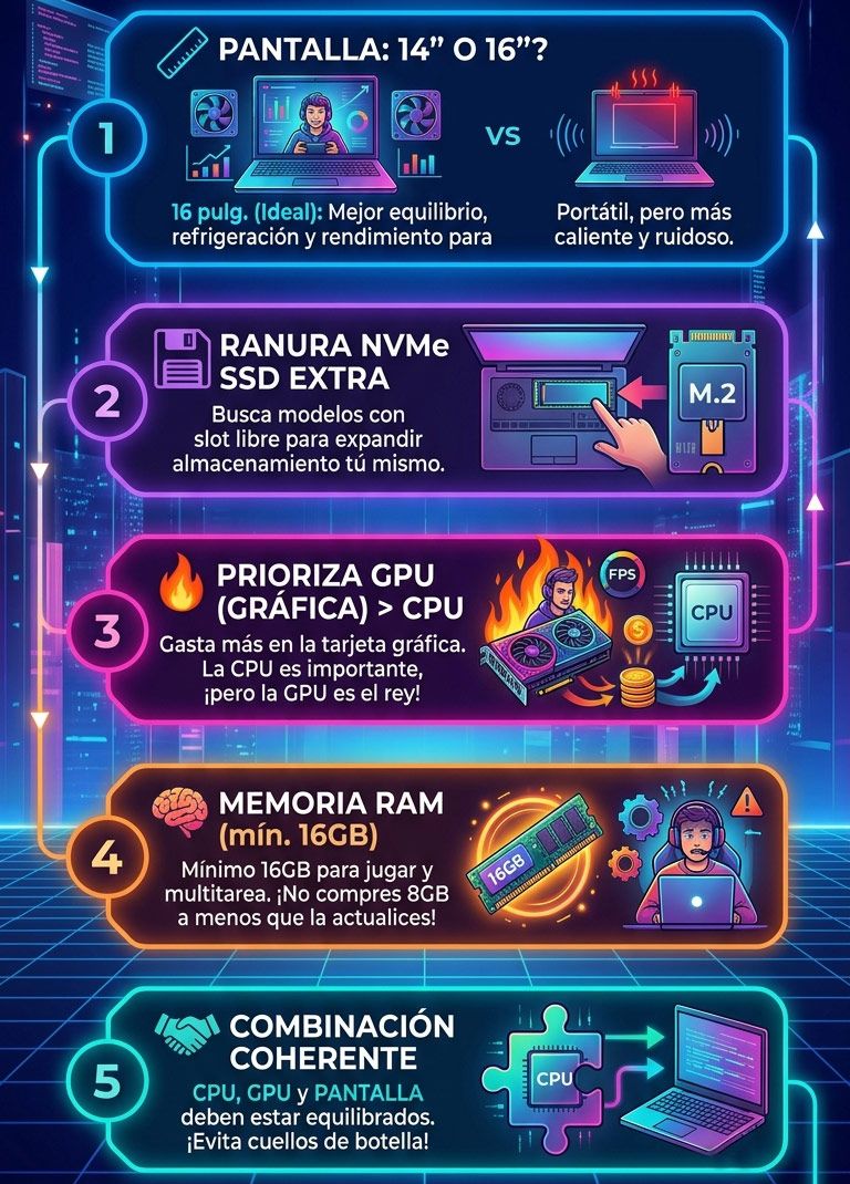 Infografía con cinco consejos clave para comprar un portátil gaming: elección de tamaño de pantalla, ranura SSD NVMe extra, priorización de GPU sobre CPU, mínimo de 16GB de RAM y búsqueda de una combinación coherente de componentes para evitar cuellos de botella.