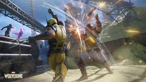 Lobezno con su traje clásico amarillo y azul luchando contra un enemigo en un escenario industrial nocturno.