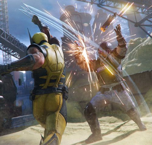 Lobezno con su traje clásico amarillo y azul luchando contra un enemigo en un escenario industrial nocturno.
