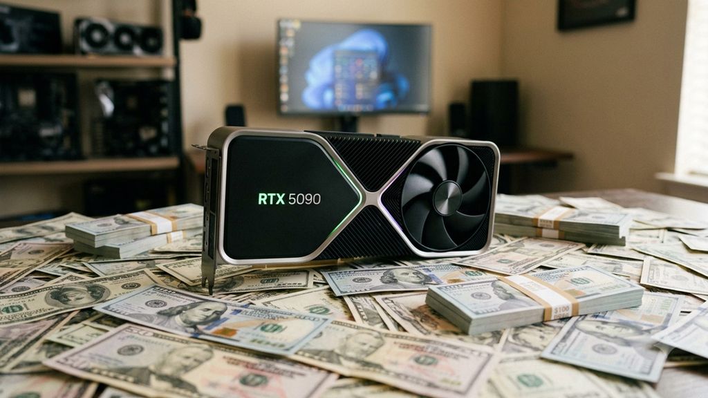 Tarjeta gráfica NVIDIA RTX 5090 posada sobre una mesa cubierta de fajos de billetes de cien dólares en un entorno de oficina o setup gaming con un monitor al fondo.