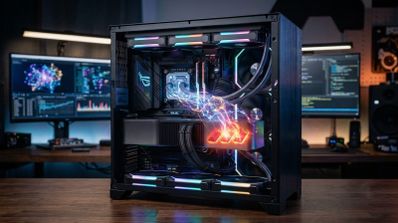 Torre de PC gaming con panel lateral abierto que muestra componentes de hardware con iluminación RGB y refrigeración líquida personalizada.