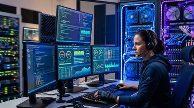 Mujer con auriculares monitorizando datos técnicos en una estación de trabajo de cuatro pantallas frente a un servidor con iluminación LED.