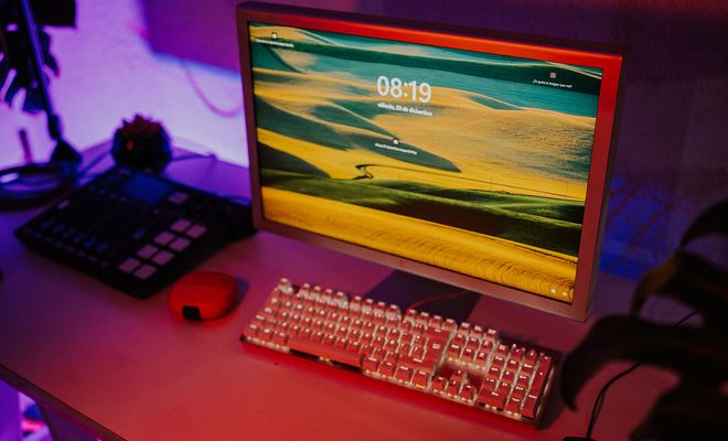 Monitor de ordenador antiguo con pantalla de bloqueo moderna junto a un teclado mecánico retroiluminado en un escritorio con iluminación ambiental morada.