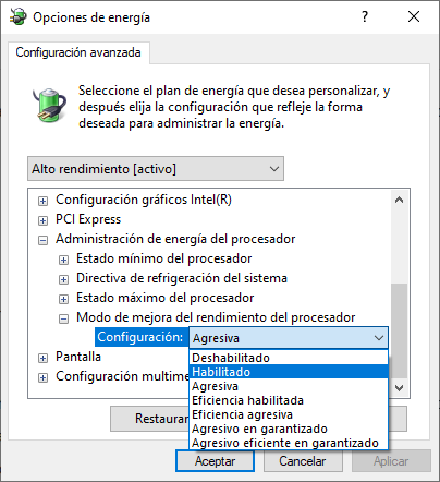 Ventana de Opciones de energía de Windows mostrando la configuración avanzada para el modo de mejora del rendimiento del procesador con varias opciones desplegadas.
