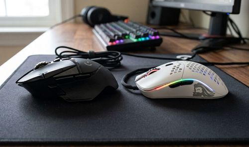 Comparativa entre un ratón gaming ergonómico negro de perfil robusto y un ratón ultraligero blanco con diseño de panal sobre una alfombrilla.