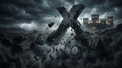 Ilustración de un gigantesco logotipo en forma de X de piedra agrietándose sobre un paisaje apocalíptico con castillos de Bethesda y Activision a lo lejos.