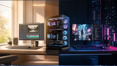 Comparativa visual de un ordenador de torre transparente en dos entornos: uno de productividad diurna y otro de gaming nocturno con iluminación RGB.