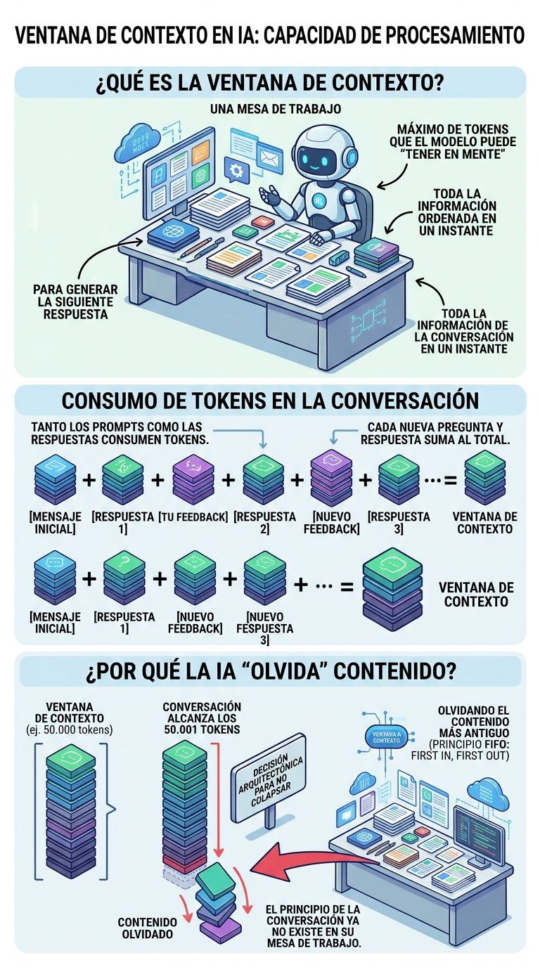 Infografía explicativa sobre la ventana de contexto en inteligencia artificial, mostrando cómo el consumo de tokens afecta a la memoria y capacidad de procesamiento de los modelos.