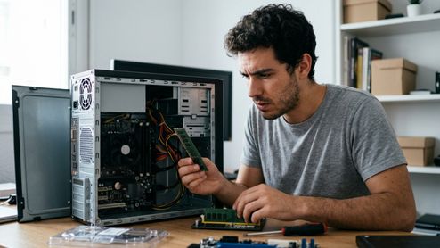 Un técnico con expresión de duda observa un módulo de memoria RAM frente a un ordenador abierto con la placa base expuesta.