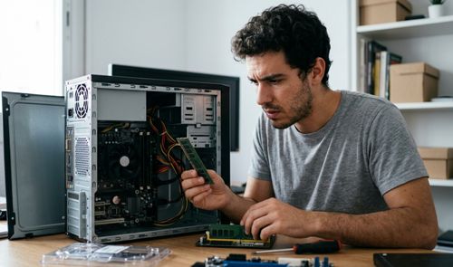 Un técnico con expresión de duda observa un módulo de memoria RAM frente a un ordenador abierto con la placa base expuesta.