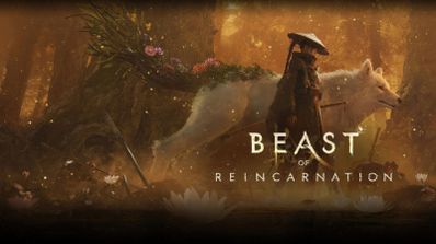 Un guerrero con sombrero tradicional junto a un gran lobo blanco en un bosque otoñal con el título Beast of Reincarnation.
