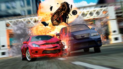 Choque frontal entre un coche rojo y otro azul con una gran explosión de fondo en Burnout 3.
