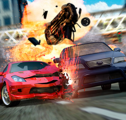 Choque frontal entre un coche rojo y otro azul con una gran explosión de fondo en Burnout 3.