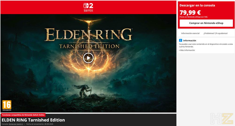 Interfaz de compra digital de Elden Ring Tarnished Edition en una tienda online con precio de 79,99 euros.