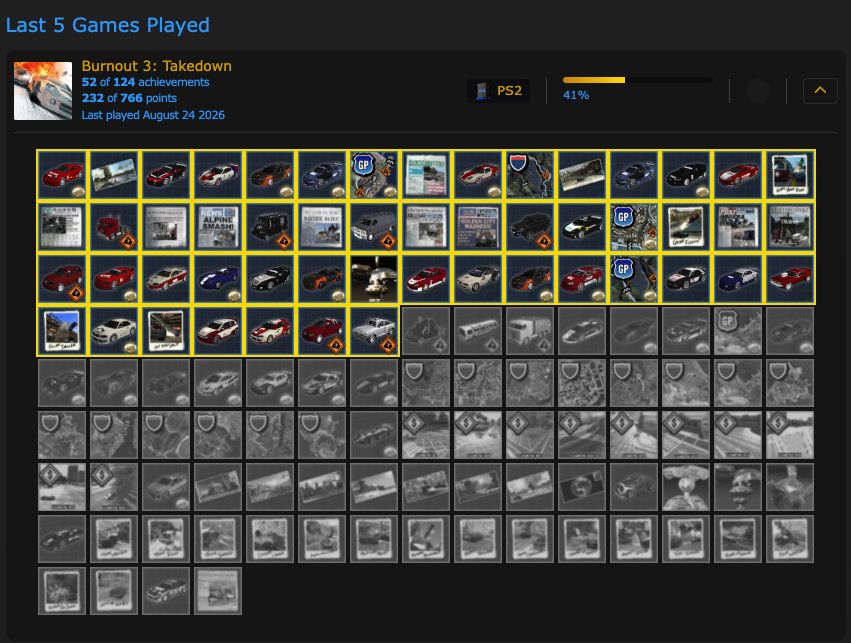 Interfaz de RetroAchievements mostrando el progreso de logros desbloqueados en Burnout 3: Takedown para PS2.