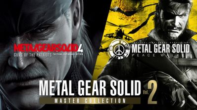 Composición de los logotipos de Metal Gear Solid 4 y Peace Walker sobre los rostros de Old Snake y Big Boss.