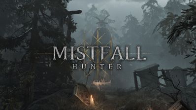 Logotipo de Mistfall Hunter sobre un paisaje de bosque oscuro y neblinoso con estructuras de madera.