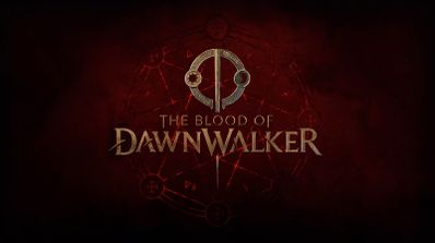 Logotipo de The Blood of Dawnwalker sobre un fondo rojo oscuro con diagramas circulares.