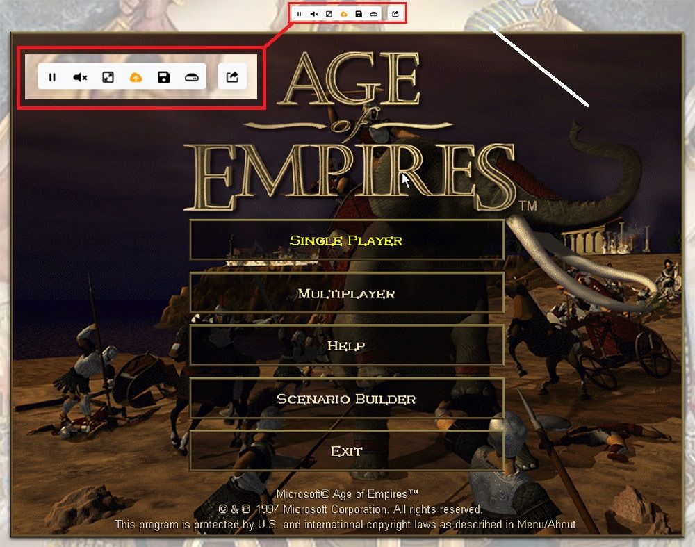 Menú principal del videojuego Age of Empires ejecutándose en un navegador web con barra de herramientas de emulación superior.