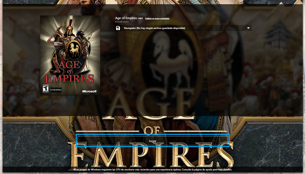 Interfaz de acceso al juego Age of Empires Online con la carátula clásica y el botón de inicio.