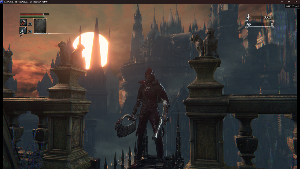 Captura de pantalla de Bloodborne ejecutándose en el emulador shadPS4 con la interfaz visible y una puesta de sol tras la arquitectura gótica.