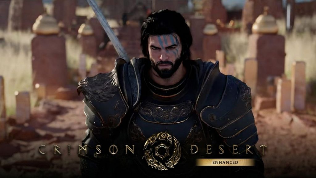 Protagonista de Crimson Desert con armadura pesada y una espada a la espalda en un entorno desértico.