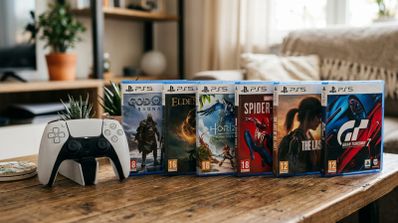 Mando DualSense junto a varias cajas de juegos físicos de PS5 sobre una mesa de madera.