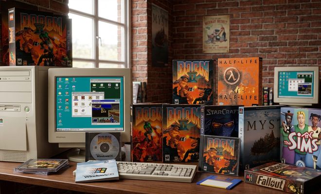 Ordenador clásico de torre blanca con monitor CRT rodeado de cajas de juegos retro como DOOM, Half-Life y The Sims.