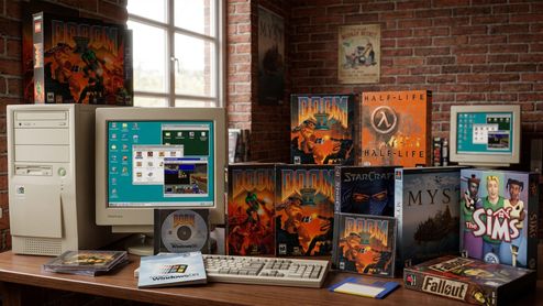 Ordenador clásico de torre blanca con monitor CRT rodeado de cajas de juegos retro como DOOM, Half-Life y The Sims.