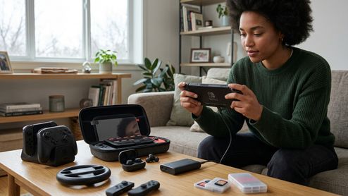 Mujer joven jugando con una consola Nintendo Switch rodeada de varios accesorios sobre una mesa de madera.