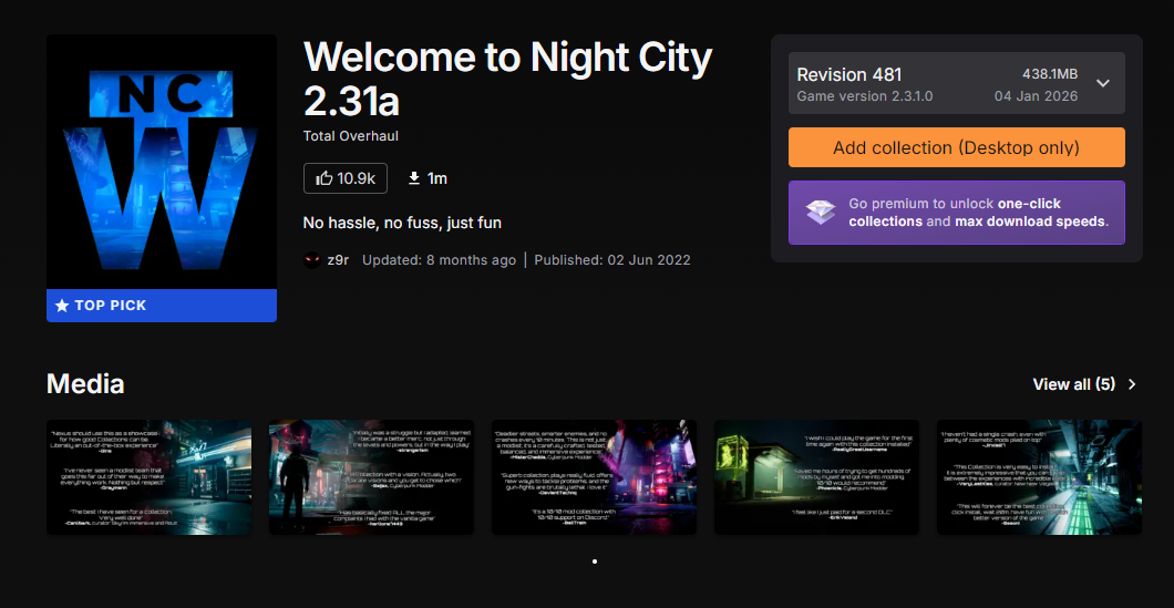 Interfaz de la web Nexus Mods mostrando la ficha del mod Welcome to Night City para Cyberpunk 2077.