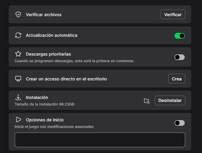 Menú de gestión de archivos en una tienda de juegos digital con opciones de verificación e instalación.